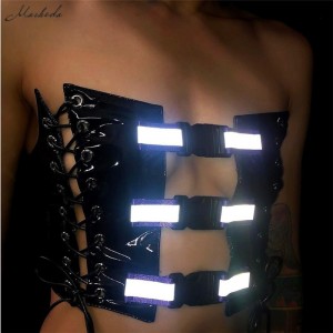 Sexy Hollow Up Lace-up Short Tanks Top Patchwork PU Skin Ladies Casual Black Personality Tank Top